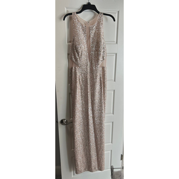 Aiden Mattox Gold Sequins Dress, High Slit, Deep Illusion V-Neck | Size 12 - Picture 9 of 10